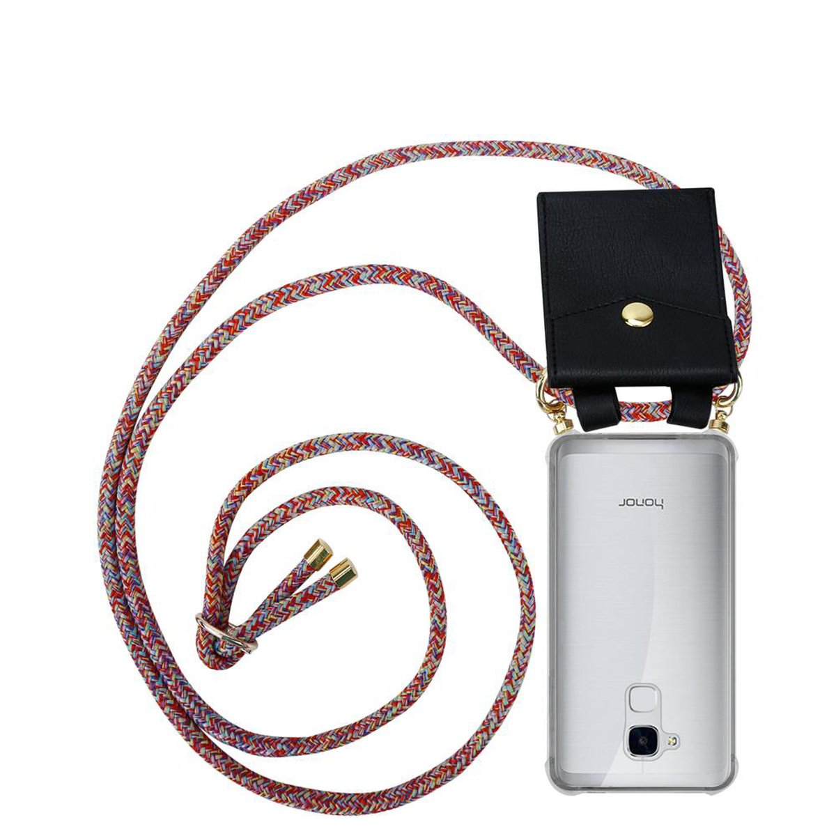 Telefon in einer transparenten Hülle mit einem schwarzen Beutel, der an einem mehrfarbigen Seil hängt.