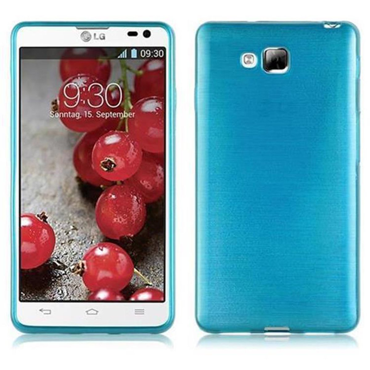Un teléfono con pantalla que muestra bayas rojas y una funda azul.