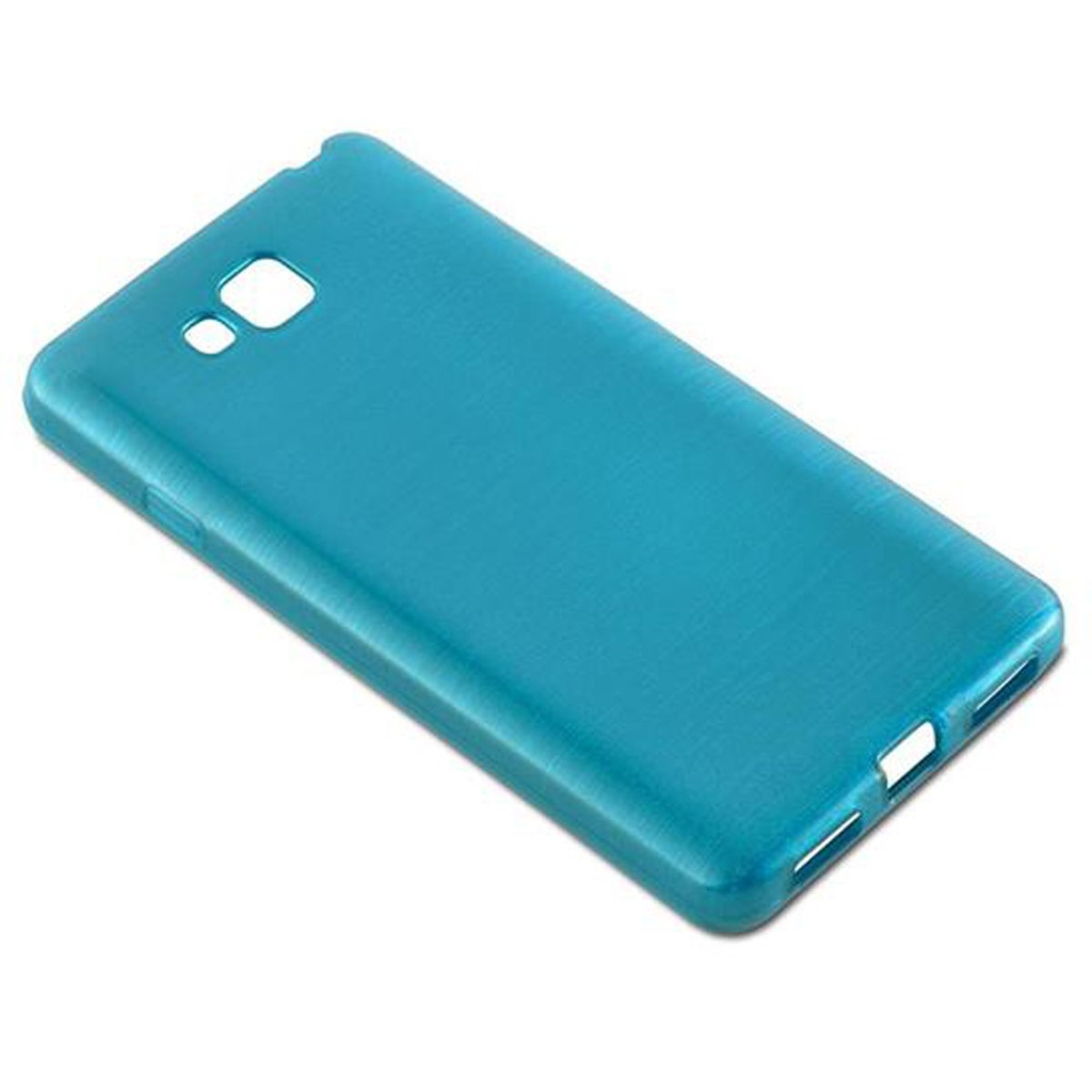 Funda de teléfono azul, en ángulo sobre una superficie blanca, mostrando su diseño liso y sencillo.