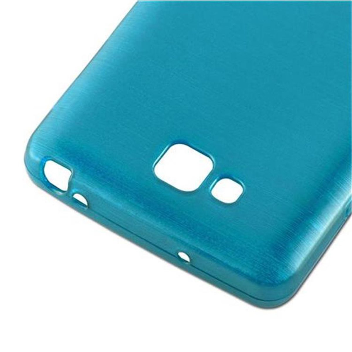 Funda de teléfono azul. Se muestra la parte inferior de la funda.
