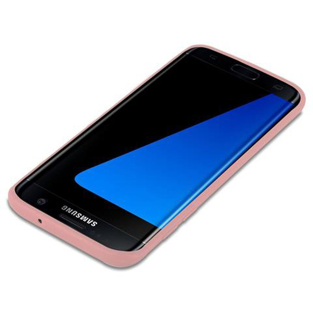 Una funda rosa en un teléfono, la pantalla es negra con una franja azul. El teléfono está en ángulo.