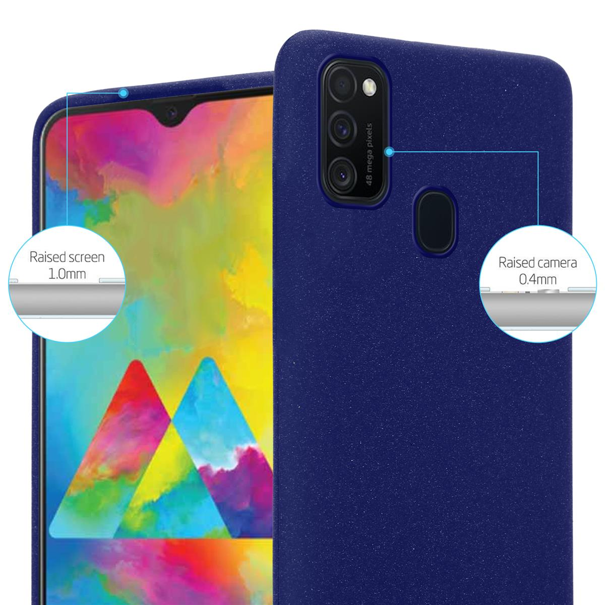 Custodia blu navy con telefono. Dettagli schermo e fotocamera rialzati. Sfondo bianco.