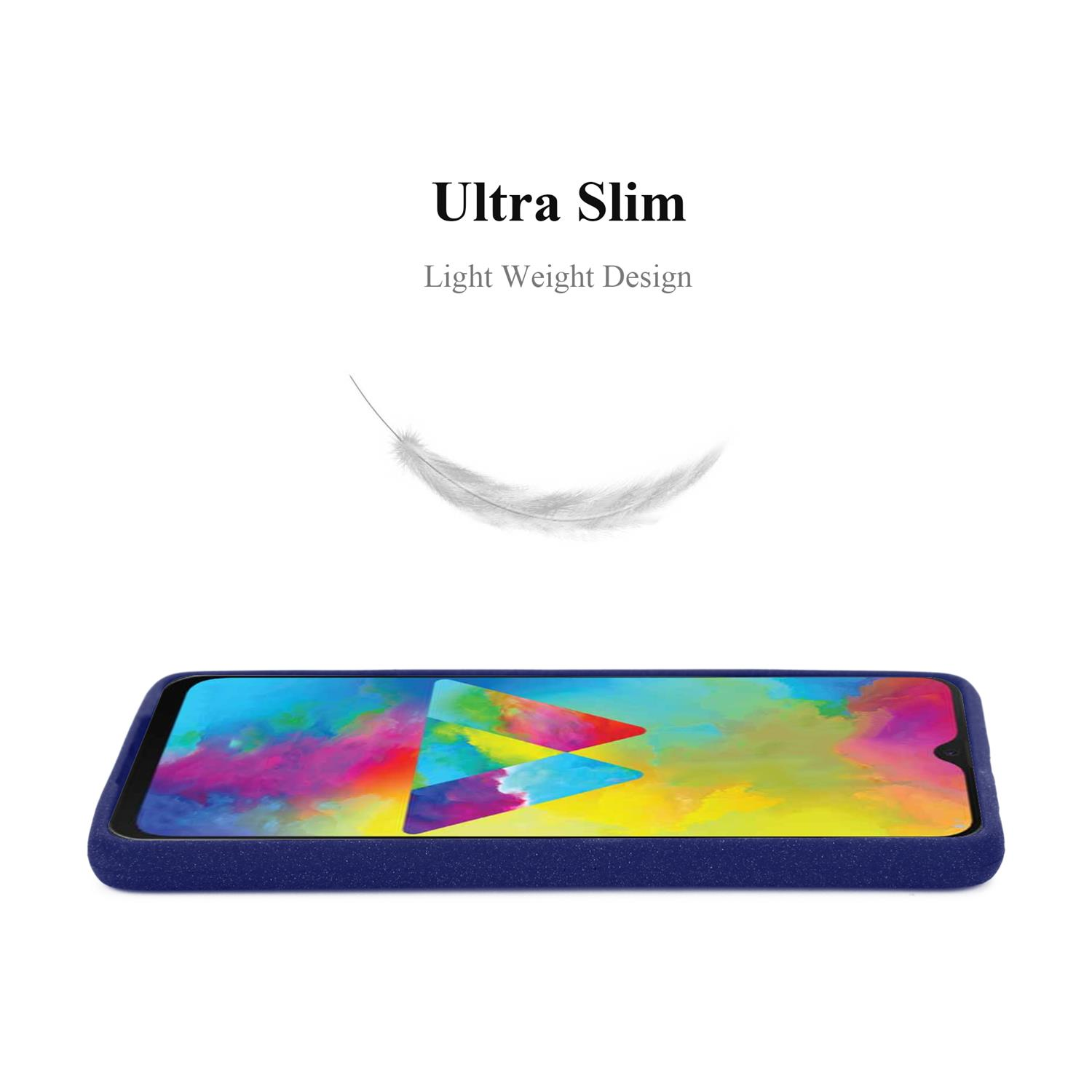 Una custodia per telefono blu navy con uno schermo colorato. Una piuma bianca fluttua sopra.