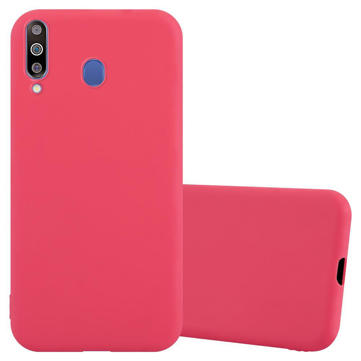Due custodie per telefono rosse su sfondo bianco.