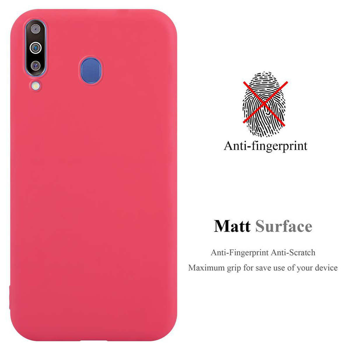 Una custodia per telefono rossa. Il testo dice "Anti-impronte" e "Superficie opaca". La superficie è opaca.