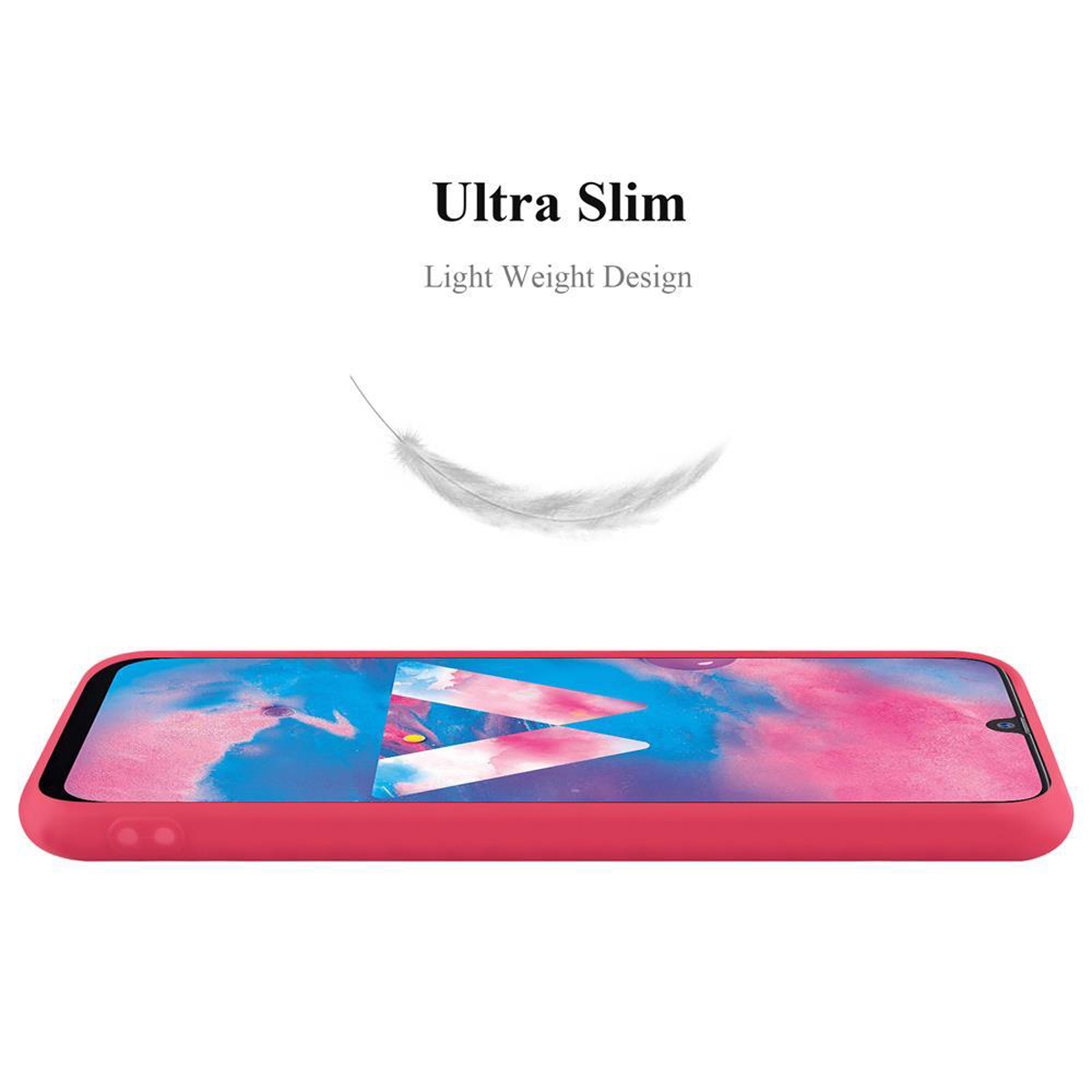 Custodia per telefono rossa, design ultrasottile, con grafica a piuma, su sfondo bianco.