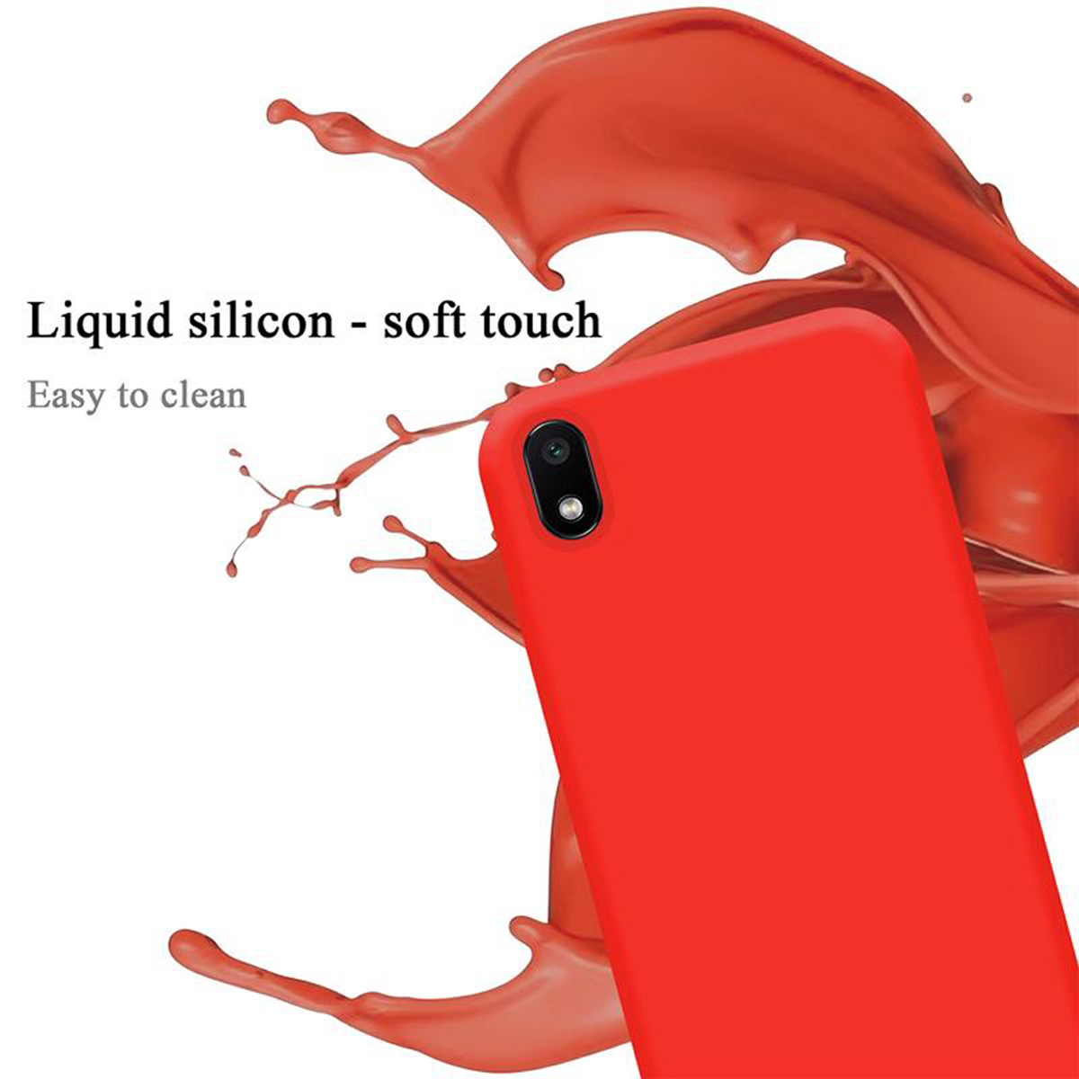 Rote Handyhülle mit Flüssigkeitsspritzer. Text zeigt weiche Haptik und einfache Reinigung.
