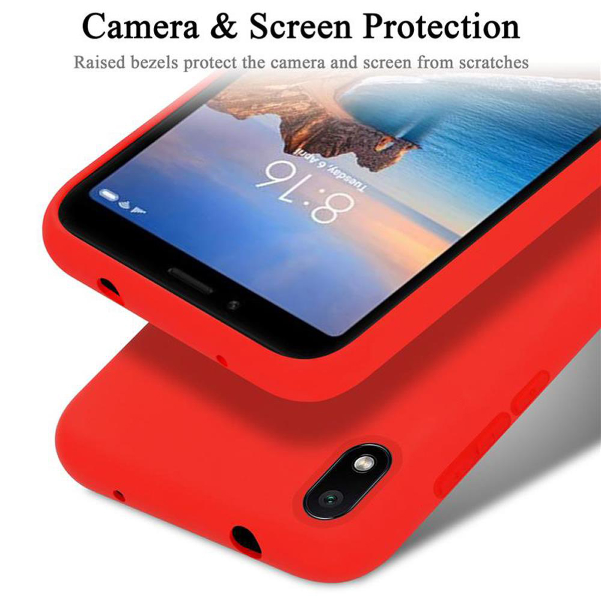 Rote Handyhülle mit Telefon. Text: Kamera- und Bildschirmschutz.
