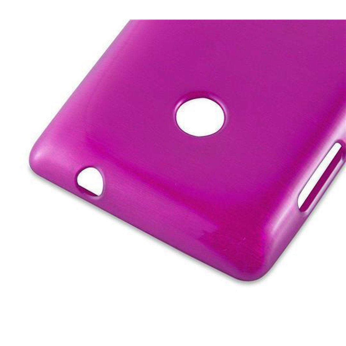 Primo piano di una custodia per telefono viola, con foro per la fotocamera e altri ritagli. Sfondo bianco.