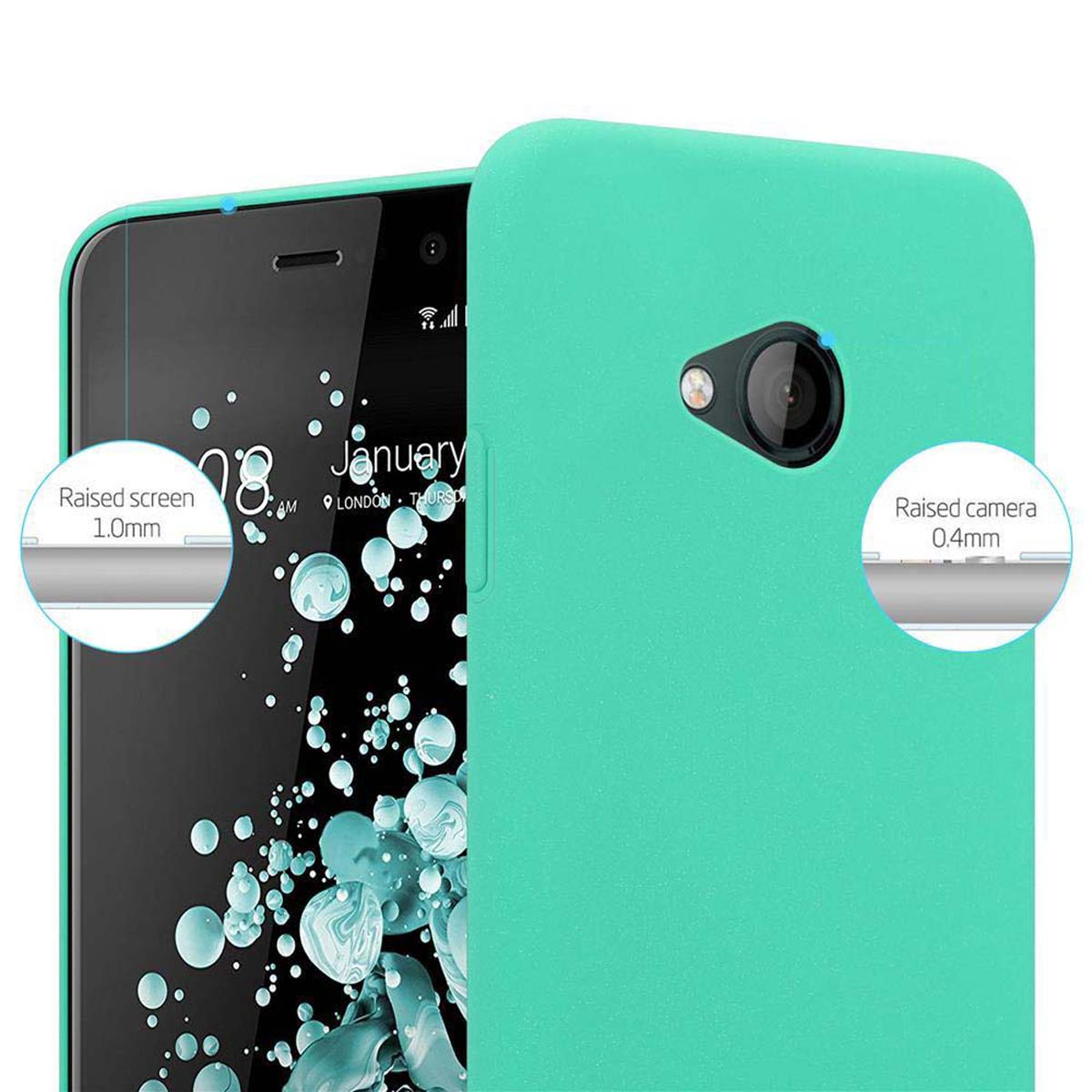 Una custodia verde su un telefono. Lo schermo mostra uno sfondo nero e la parola Gennaio.