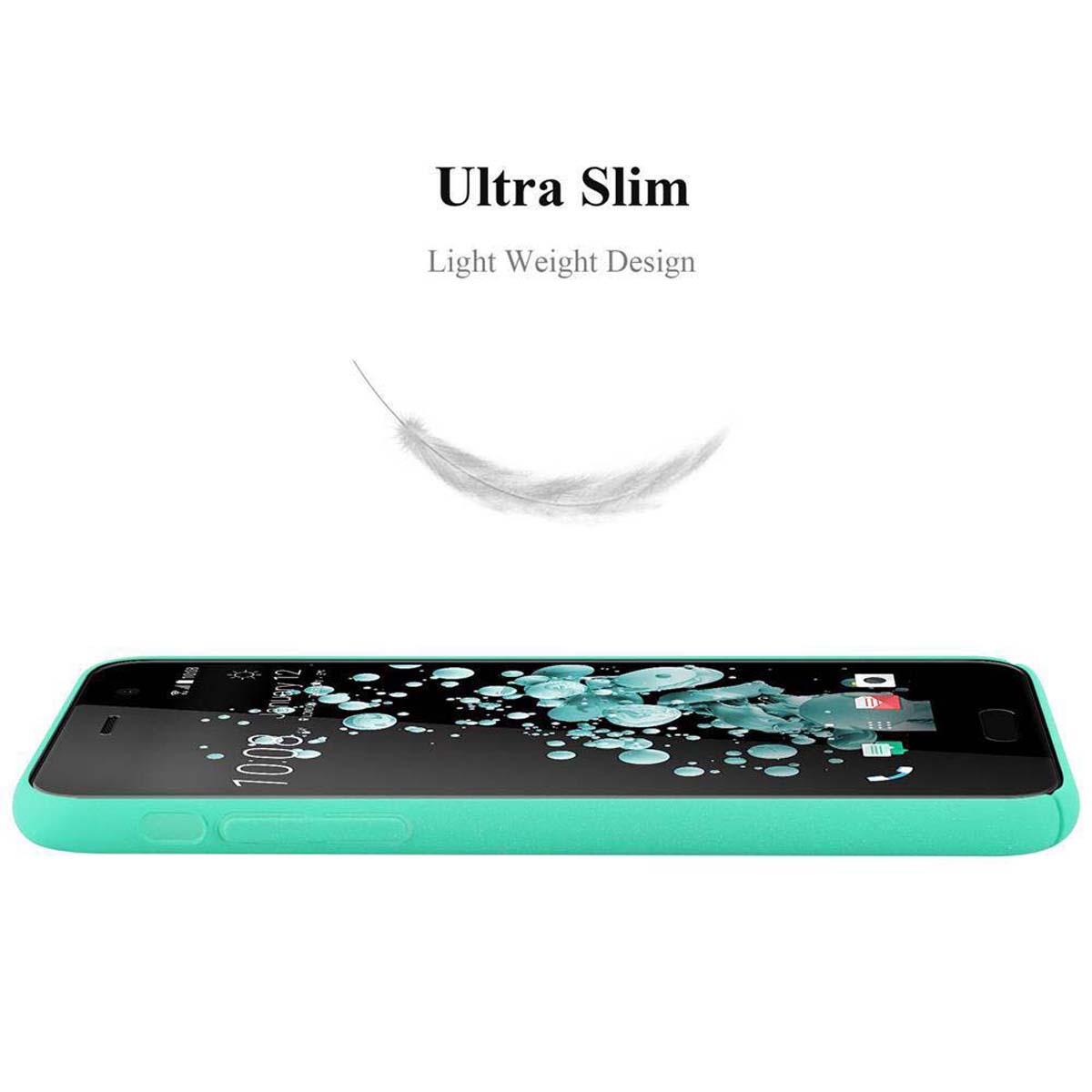 Una custodia verde con bordo nero, che mostra lo schermo del telefono. Una piccola piuma fluttua sopra.