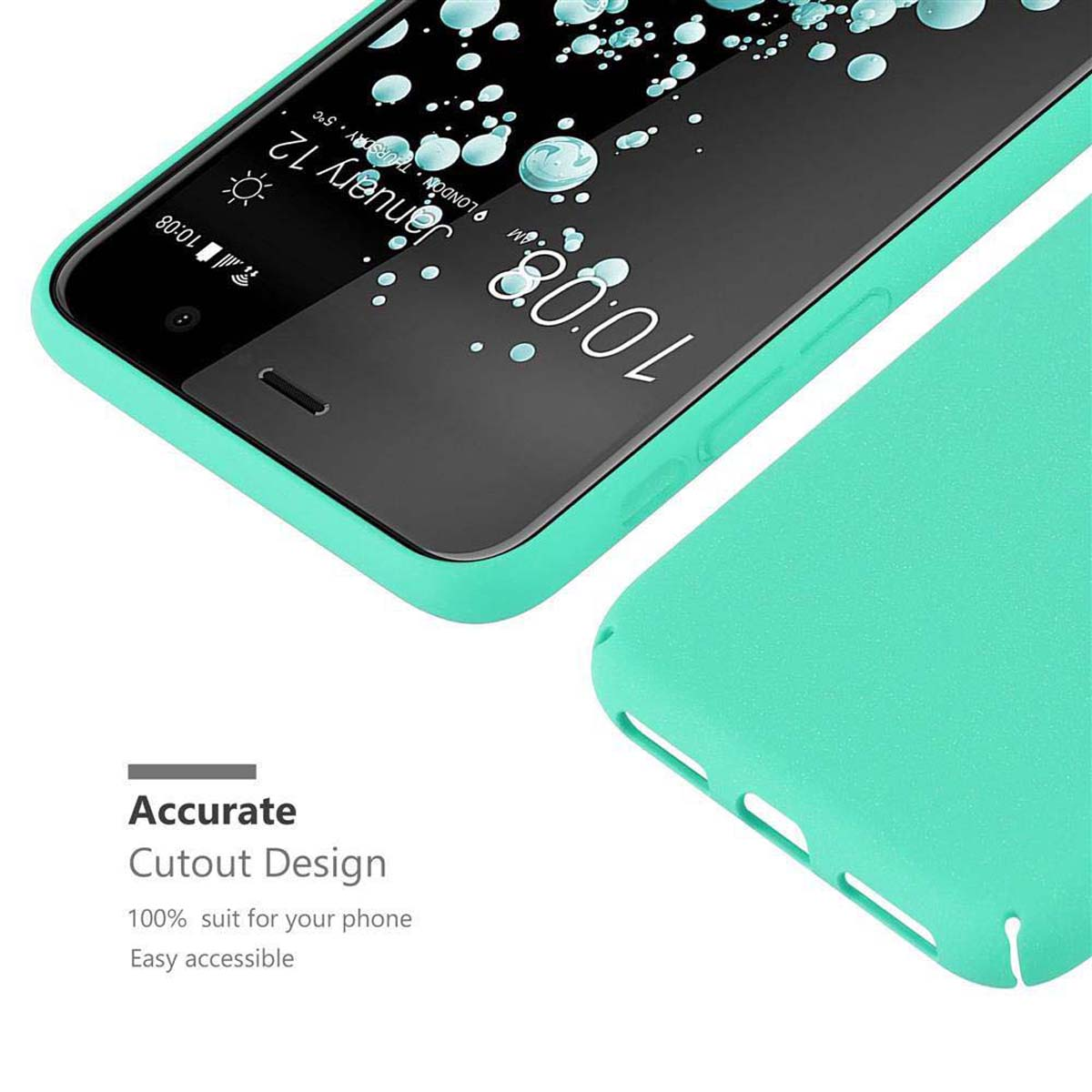 Un telefono con una custodia verde acqua che mostra l'ora e la data, e testo sul design.