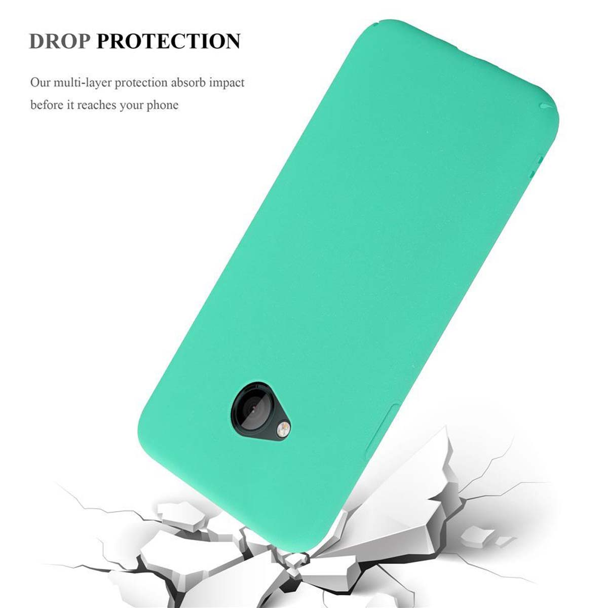 Custodia per telefono verde menta che cade, con testo: PROTEZIONE CADUTA.