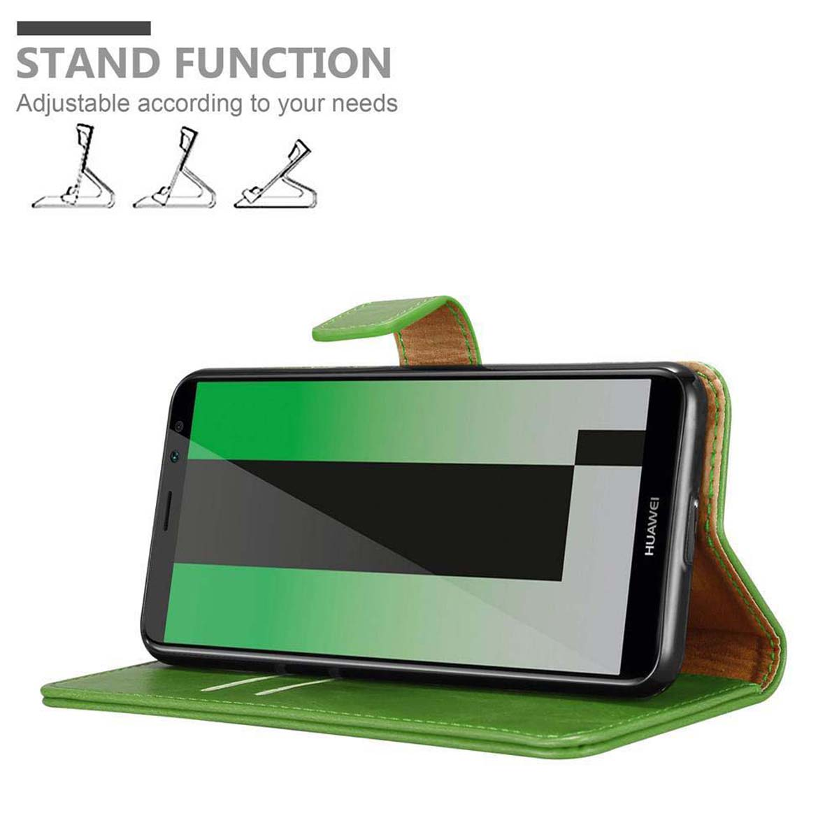 Una custodia per telefono verde con funzione stand, il testo recita 'Funzione stand, regolabile in base alle tue esigenze'.