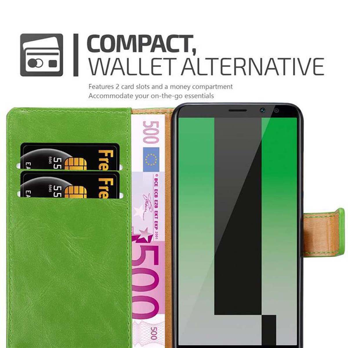 Un portafoglio verde con carte e denaro. Il portafoglio contiene anche un telefono. Sfondo bianco.