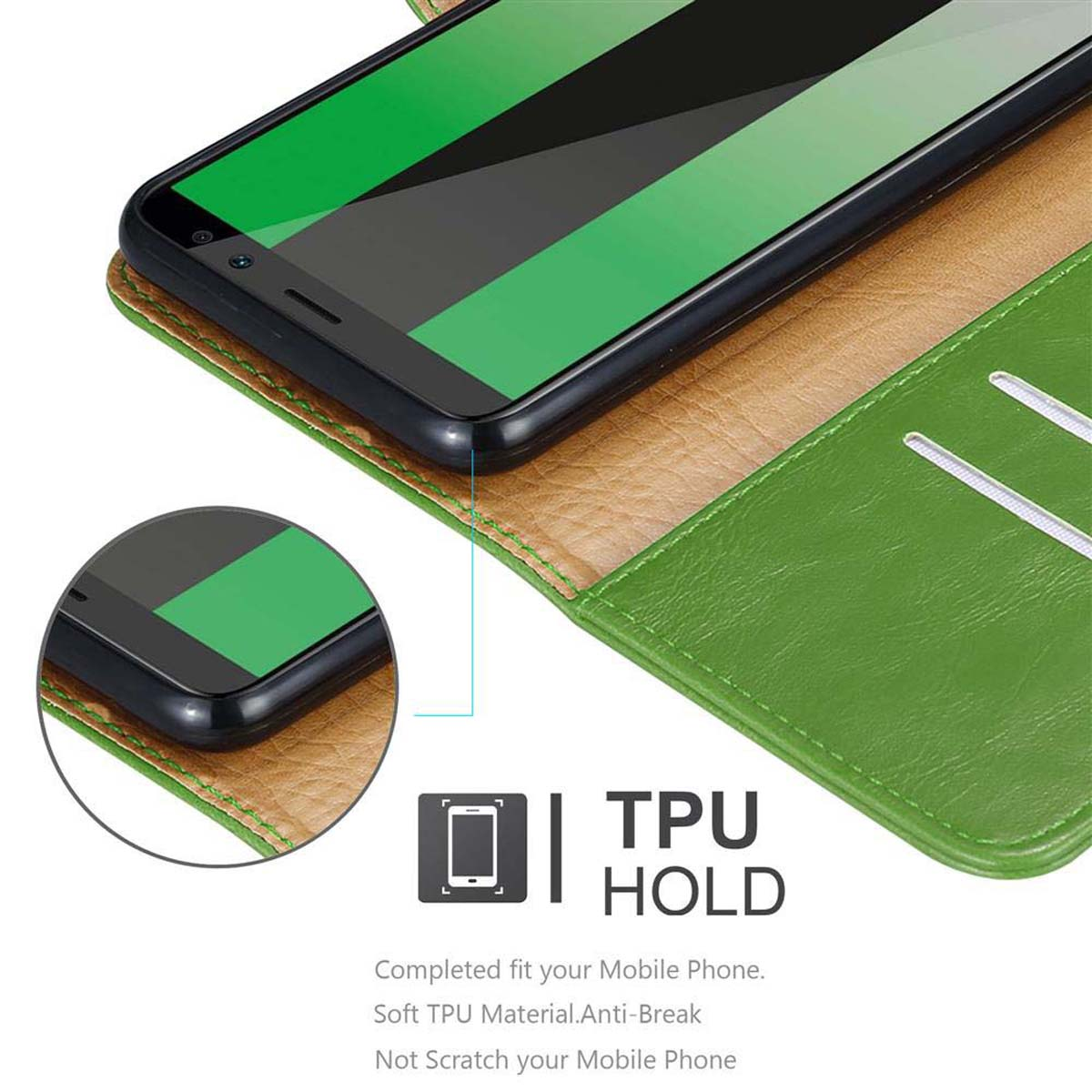 Telefono nero in custodia in pelle verde, con indicazione TPU Hold, su sfondo bianco.