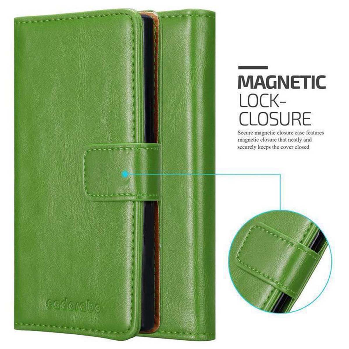 Custodia verde per telefono con chiusura magnetica su sfondo bianco.