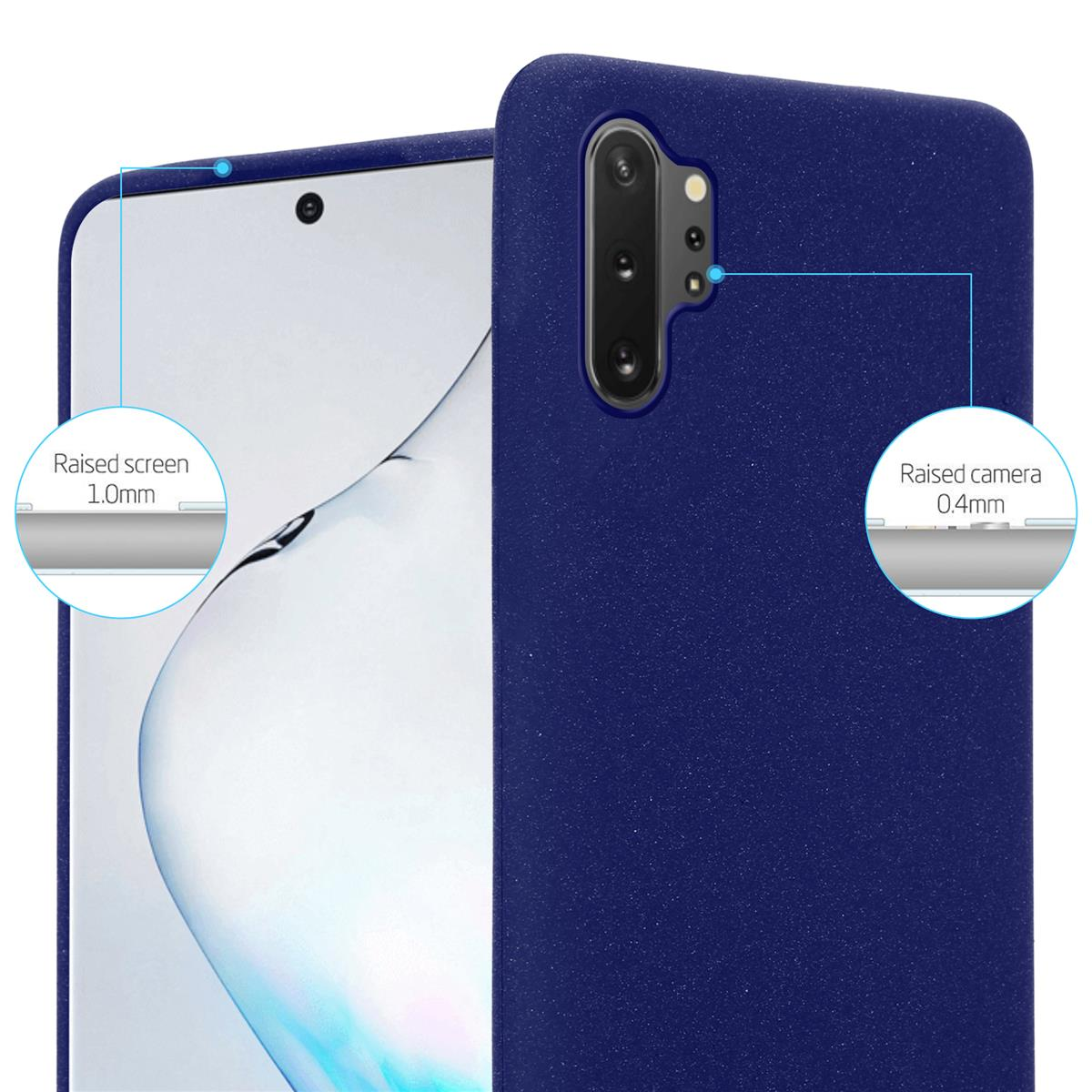 Una custodia per telefono blu scuro, con un telefono all'interno. La custodia ha bordi rialzati, con dettagli per schermo e fotocamera.