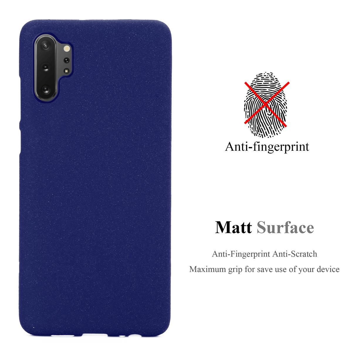 Custodia per telefono blu scuro con superficie opaca, anti-impronte e antigraffio, con testo e un'icona.
