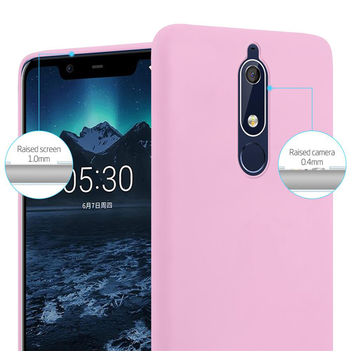 Eine rosa Handyhülle mit Telefon im Inneren. Die Hülle hat erhöhte Kanten mit Details für Bildschirm und Kamera.