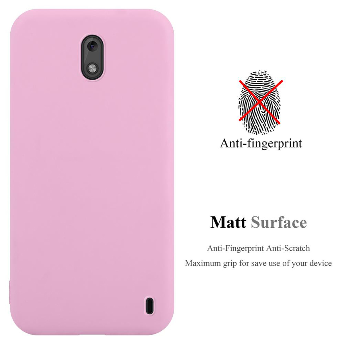 Rosa Handyhülle mit Anti-Fingerabdruck-Funktion. Text: 'Matt Surface' und 'Anti-Scratch'.