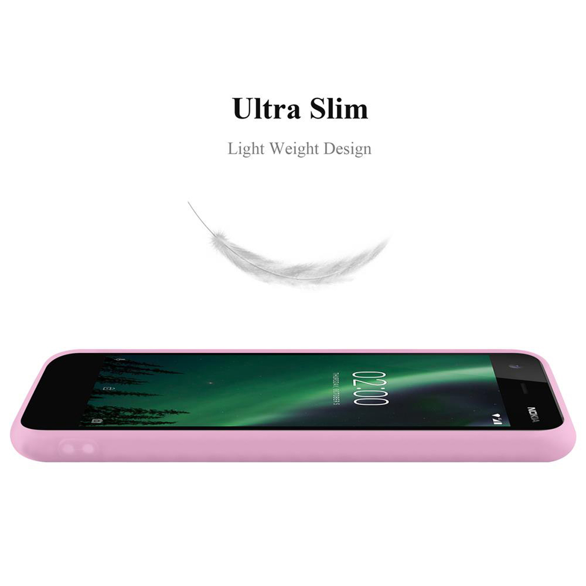 Rosa Handyhülle mit einer leichten Feder darüber und dem Text 'Ultra Slim'.