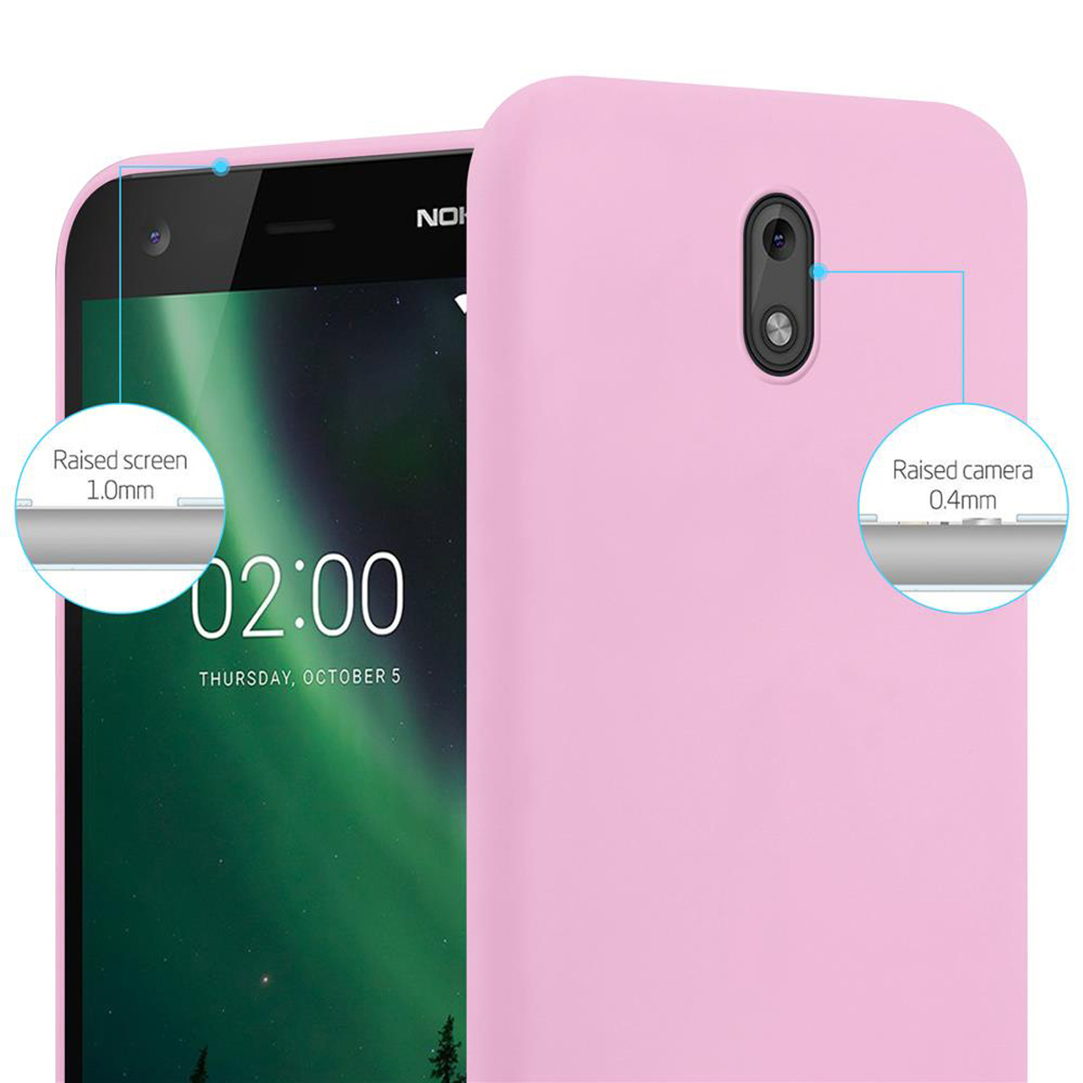 Rosa Handyhülle mit Telefon, zeigt die Uhrzeit auf dem Bildschirm. Weißer Hintergrund.