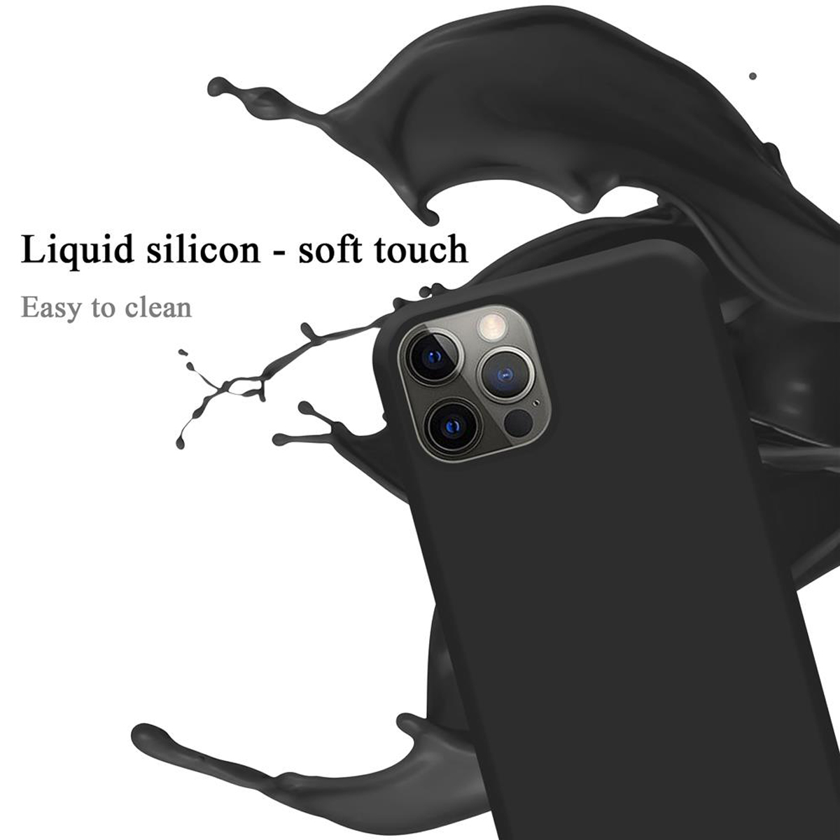 Schwarze Handyhülle mit Flüssigkeitsspritzer. Text lautet: 'Flüssiges Silikon - weiche Haptik. Leicht zu reinigen.'