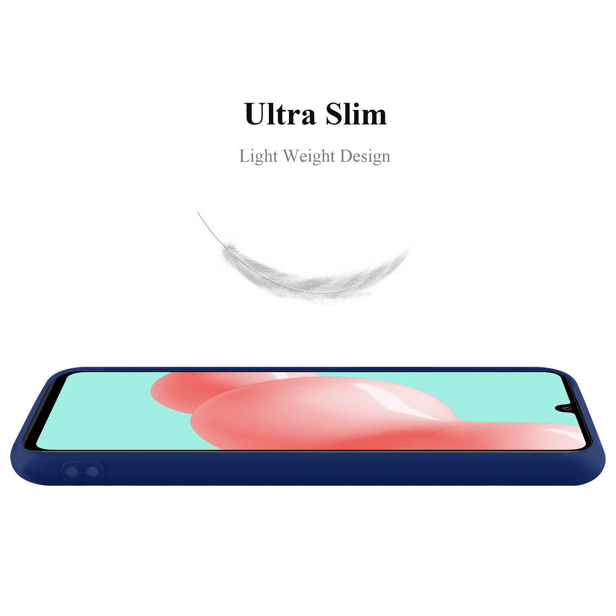 Eine dunkelblaue Handyhülle auf einem Telefon, eine Feder schwebt darüber. Der Text 'Ultra Slim' und 'Light Weight Design'.