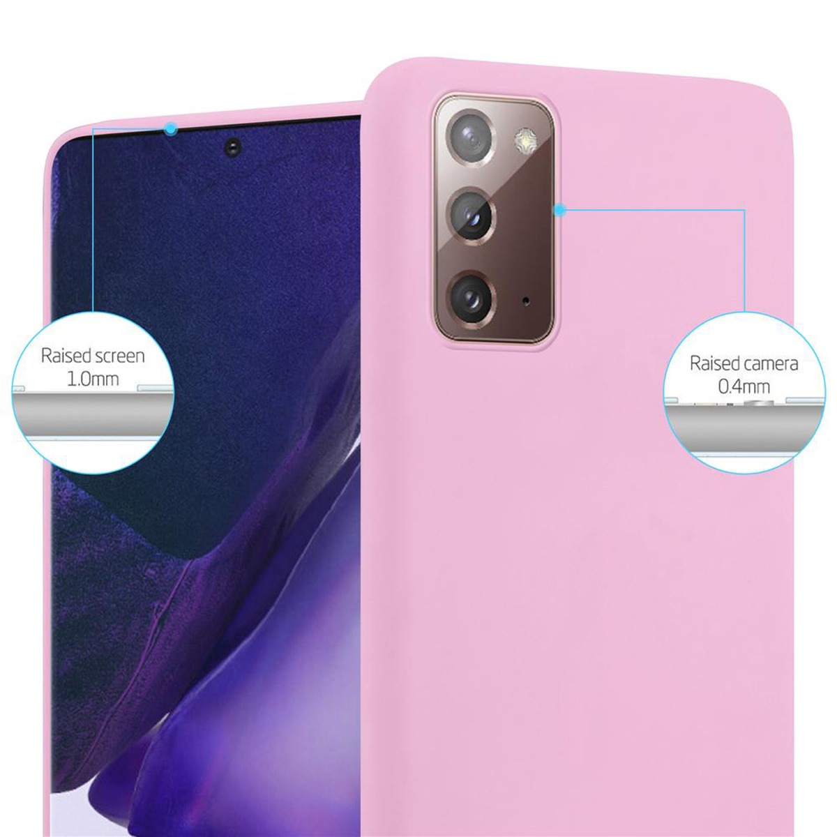 Custodia rosa per telefono, primo piano che mostra le protezioni rialzate dello schermo e della fotocamera.