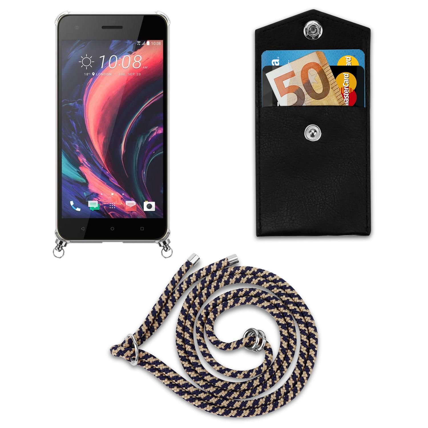 Telefon, schwarze Tasche mit Karten und marineblau-beiges Kordelband. Anzeige zeigt Zeit und Apps.