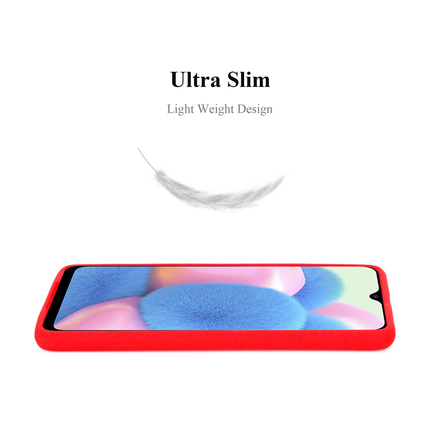 Una custodia per telefono rossa con un design ultrasottile, con un'illustrazione di piuma.