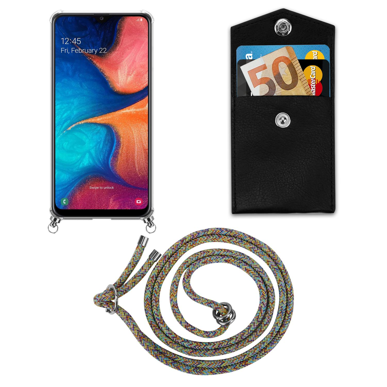 Telefono con custodia e cinturino. La custodia ha slot per schede. Bianco.