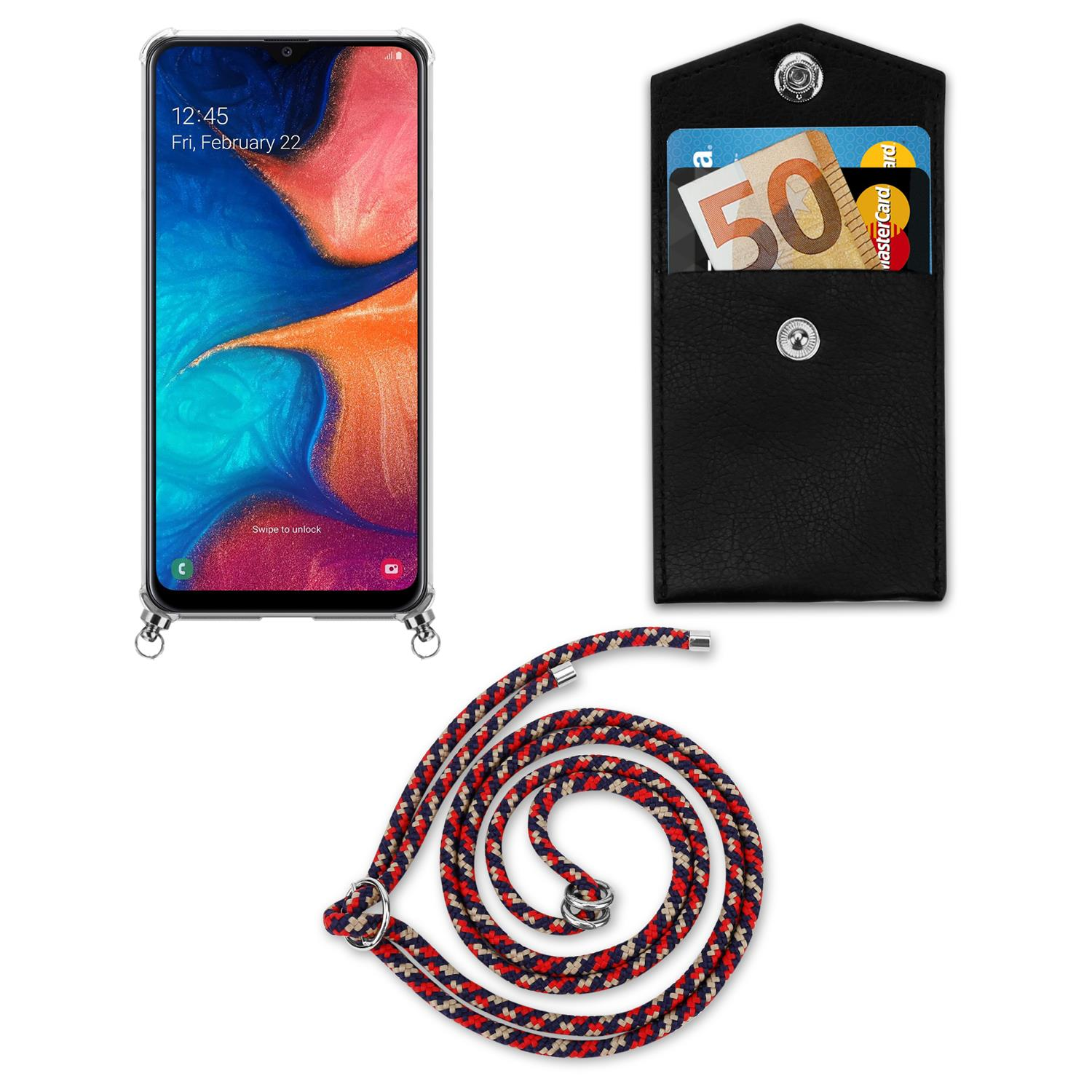 Set telefono, portafoglio e cordino. Il telefono ha una custodia trasparente e un cordino.