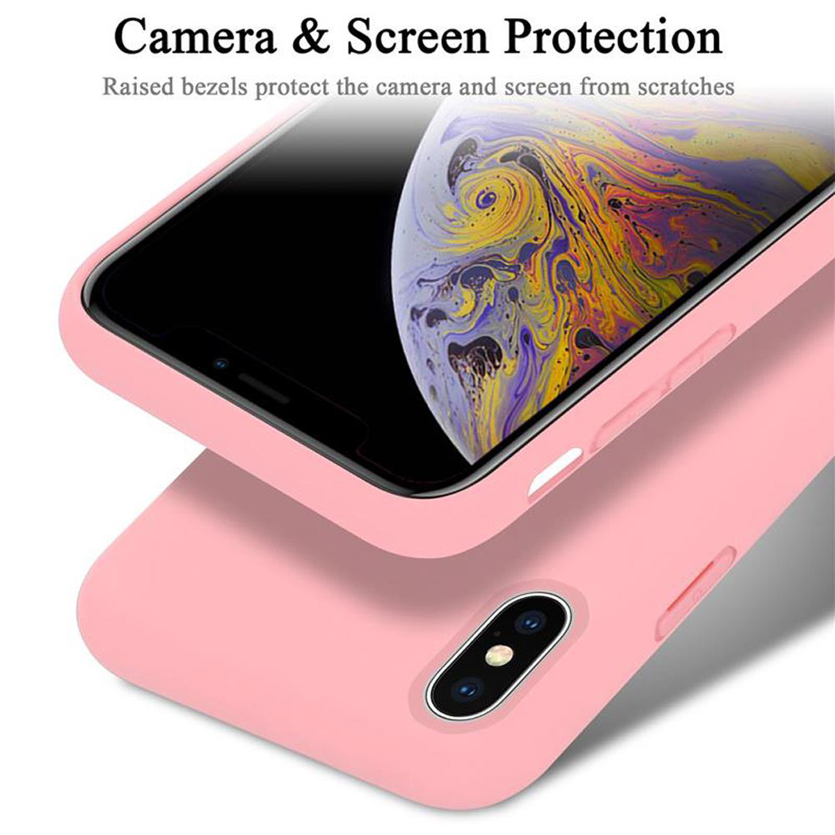 Eine rosa Handyhülle mit erhöhten Kanten schützt Bildschirm und Kamera. Das Telefon ist sichtbar. Der Hintergrund ist weiß.