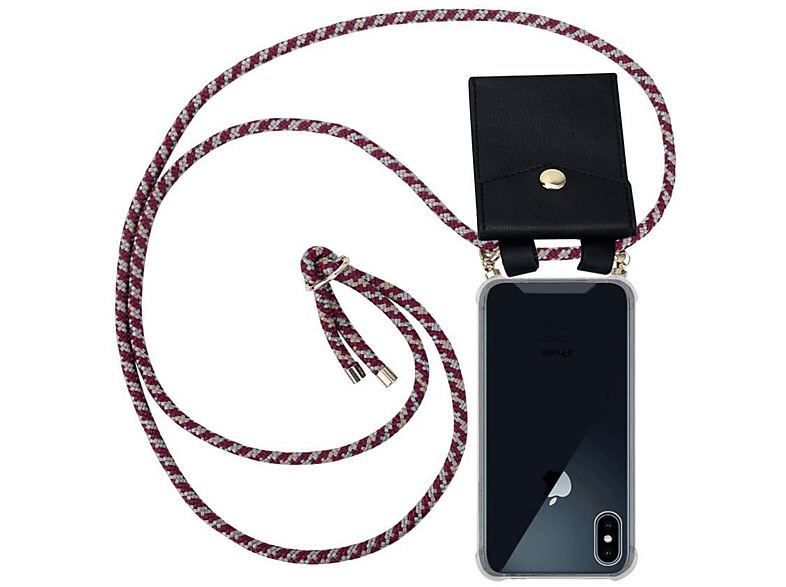 CADORABO Handy Kette mit Gold Ringen, Kordel Band und abnehmbarer Hülle, Backcover, Apple, iPhone X / XS, ROT GELB WEIß