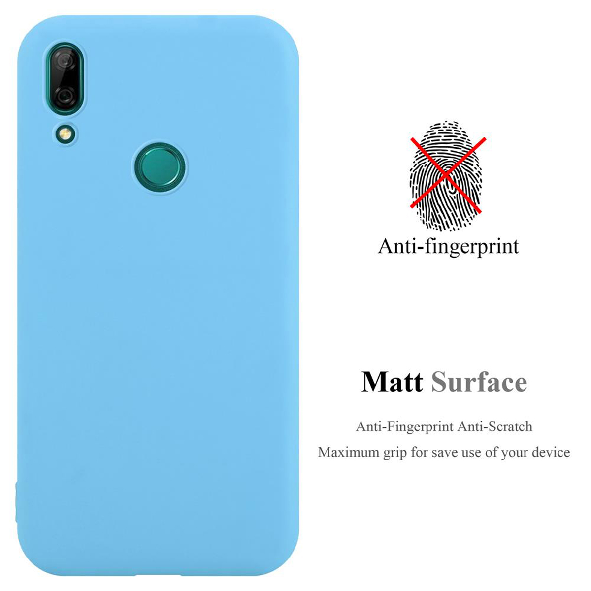 Una custodia per telefono azzurra, con superficie opaca e design anti-impronta.