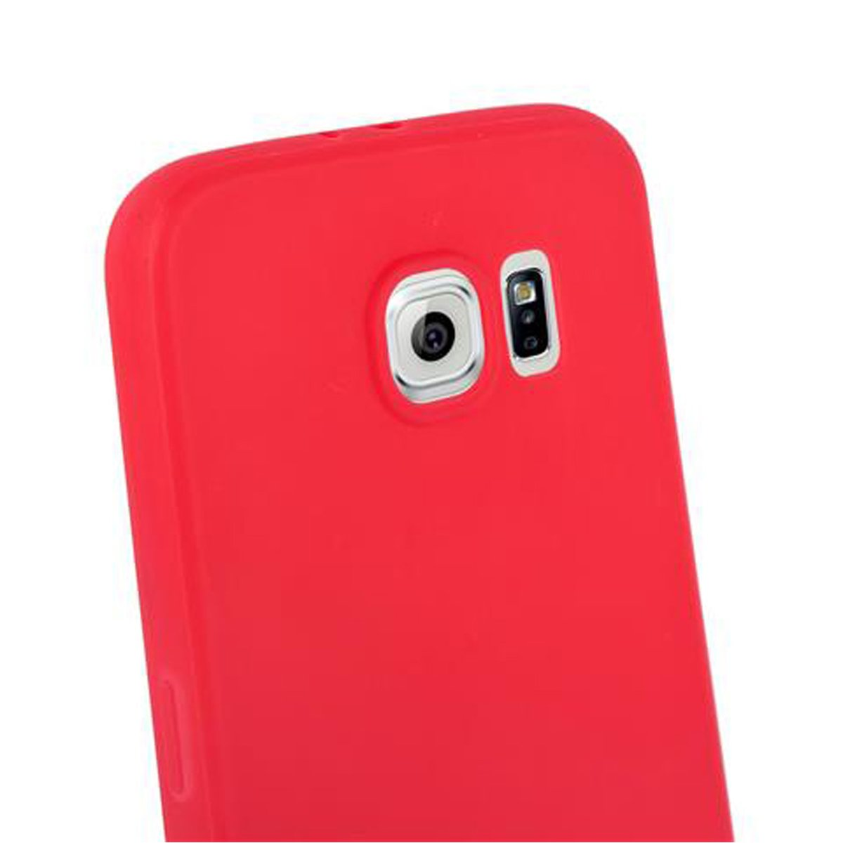 Una custodia per telefono rossa con un telefono all'interno. La fotocamera e il flash sono visibili.