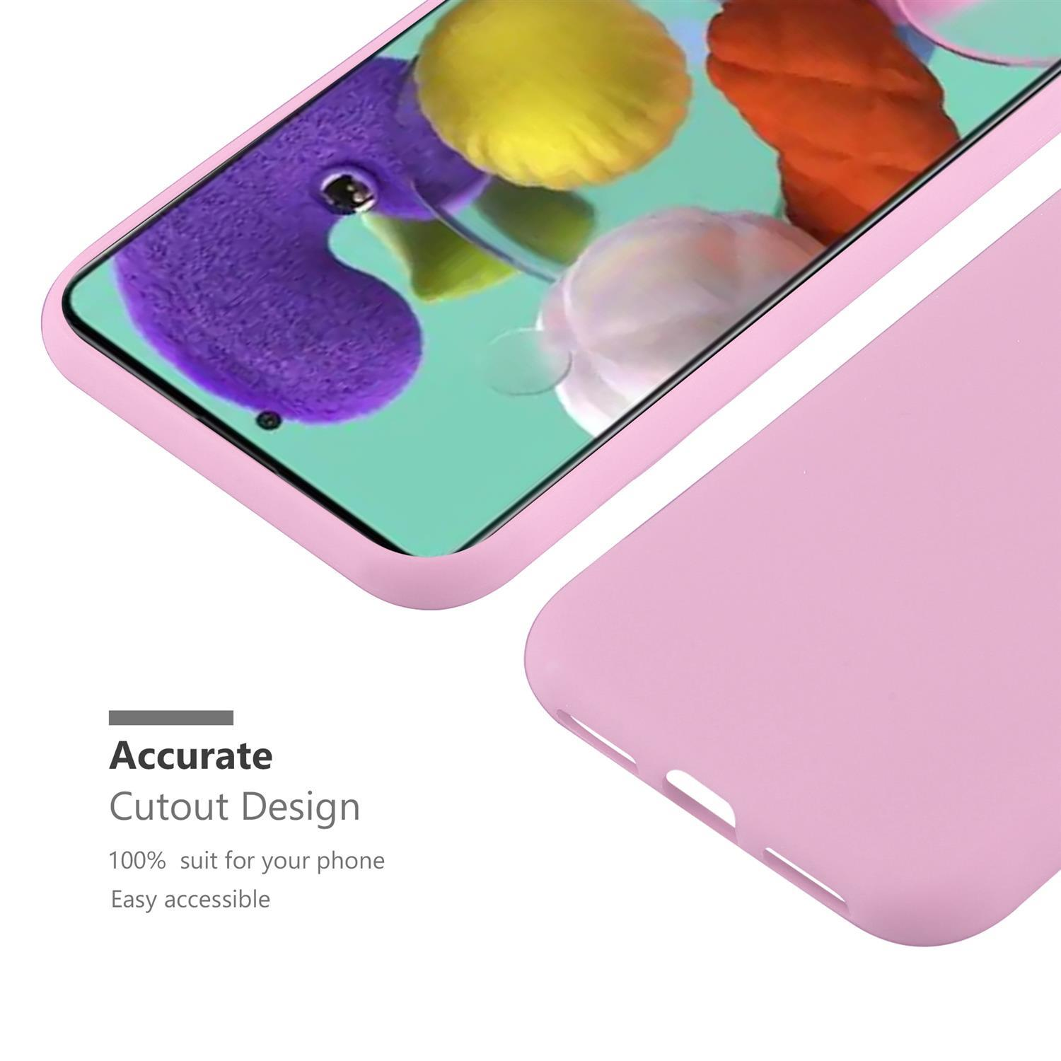 Custodia rosa per telefono su sfondo bianco, con schermo visibile. La custodia ha un design ritagliato.