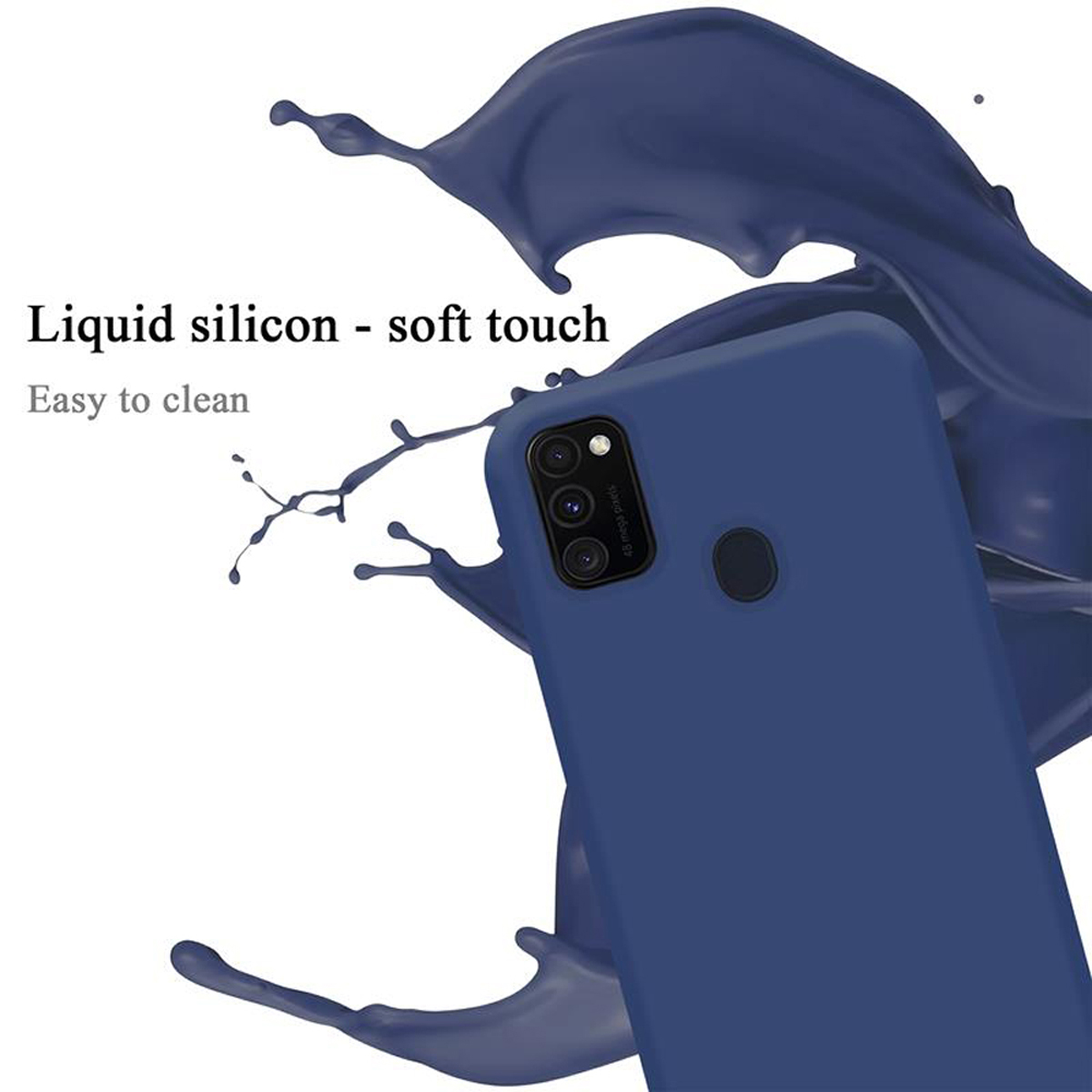 Blaue Handyhülle mit Spritzeffekt, Text lautet "Flüssiges Silikon - weiche Haptik".