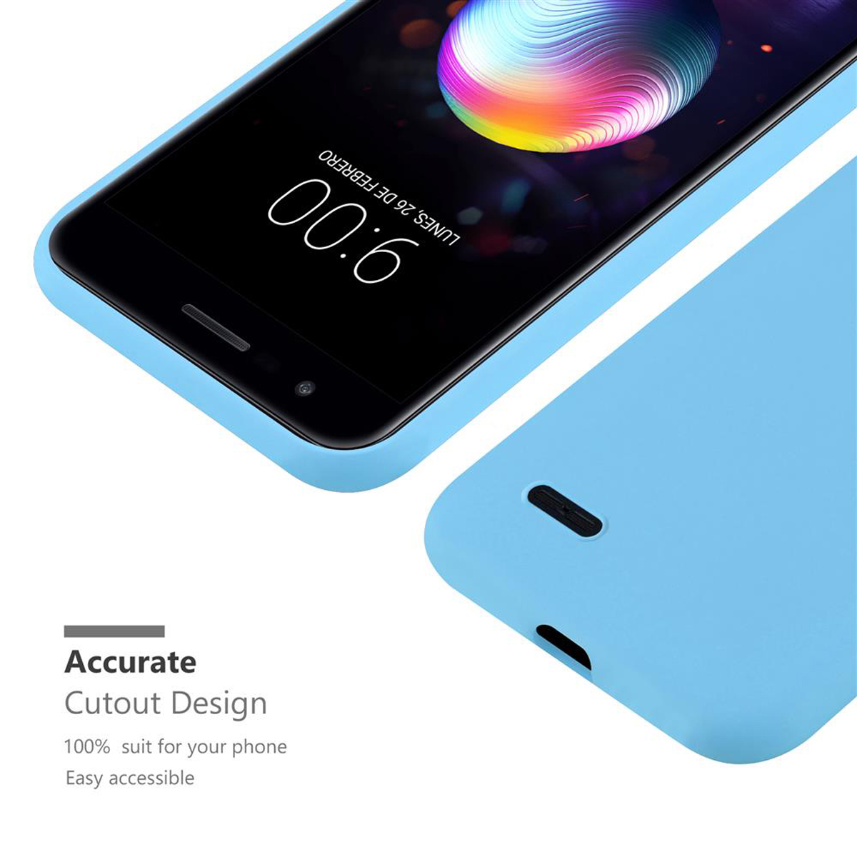 Un telefono in una custodia blu mostra uno schermo. Il testo sottostante recita 'Accurate Cutout Design'.