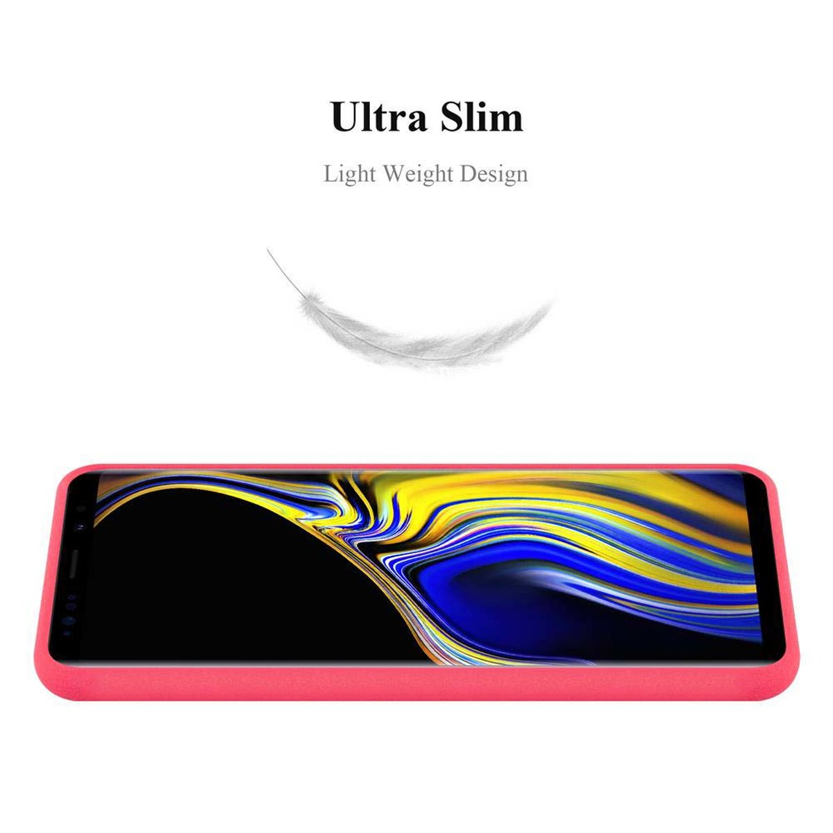 Una custodia per telefono rosa con uno schermo nero. Una piuma bianca fluttua sopra.