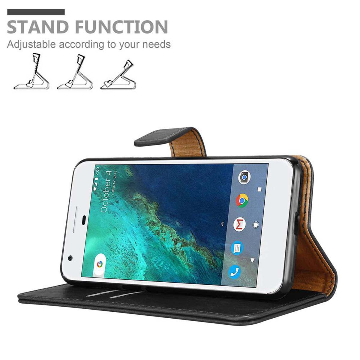 Un telefono in una custodia in pelle è configurato come supporto. Lo schermo del telefono mostra un calendario.