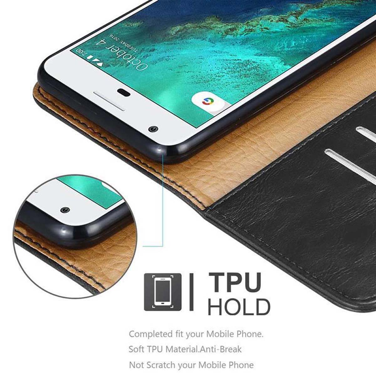 Telefono in una custodia marrone con schermo del telefono. Testo: TPU HOLD.