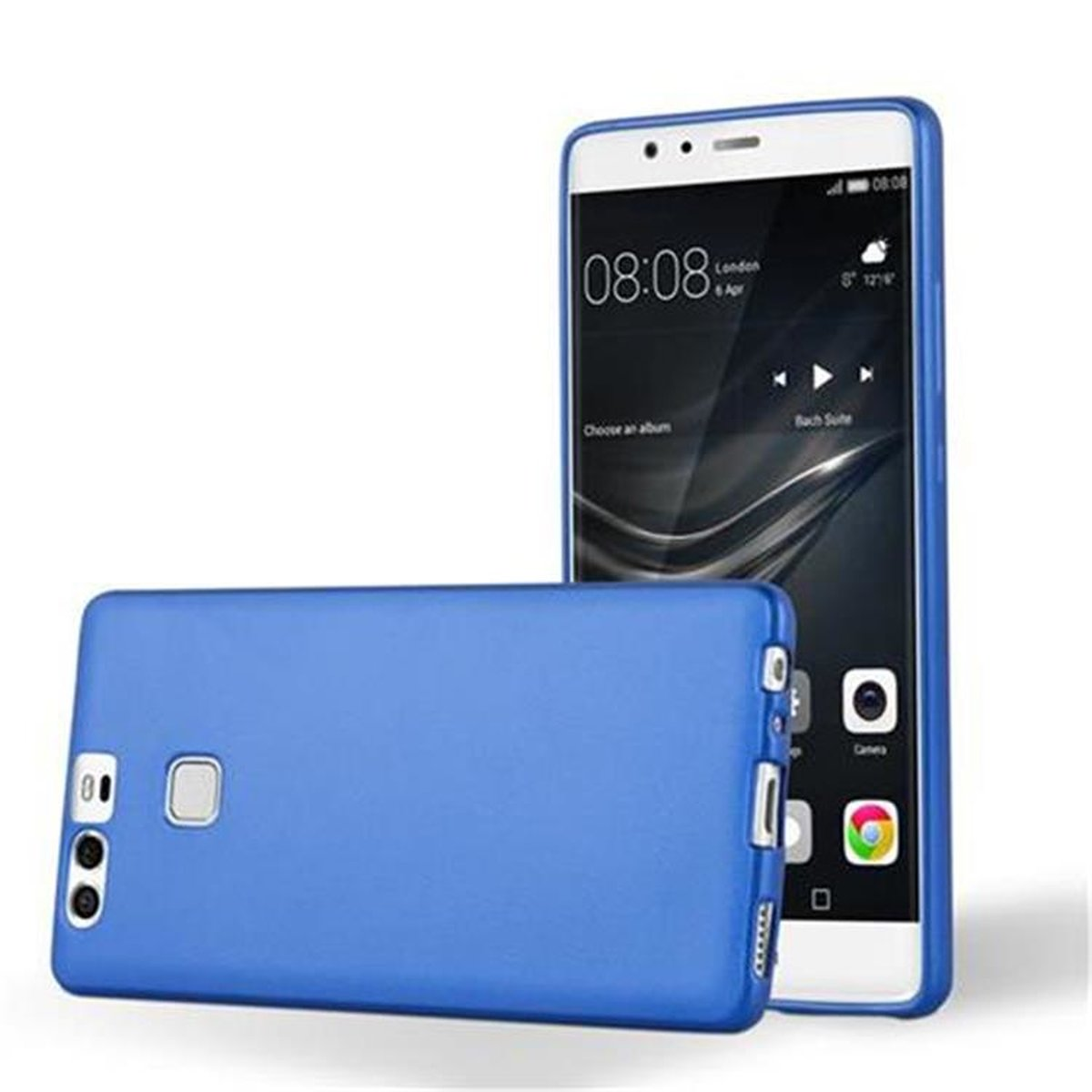 Eine blaue Handyhülle befindet sich neben einem Telefon, das die Uhrzeit anzeigt. Die Hülle befindet sich auf einer weißen Oberfläche.