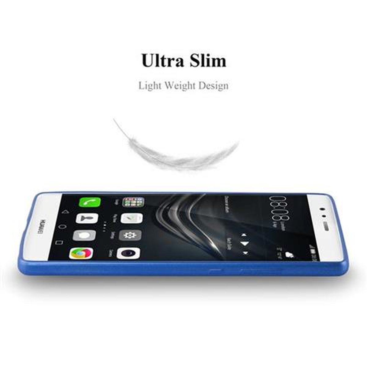Blaue Handyhülle, Bildschirm sichtbar. Text: Ultra Slim, Light Weight Design. Weißer Hintergrund.