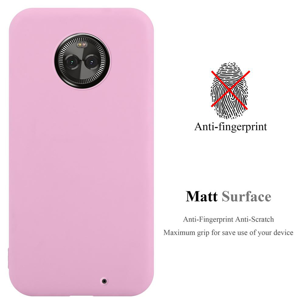 Una custodia rosa per telefono con un simbolo di impronta digitale e testo sulla superficie.