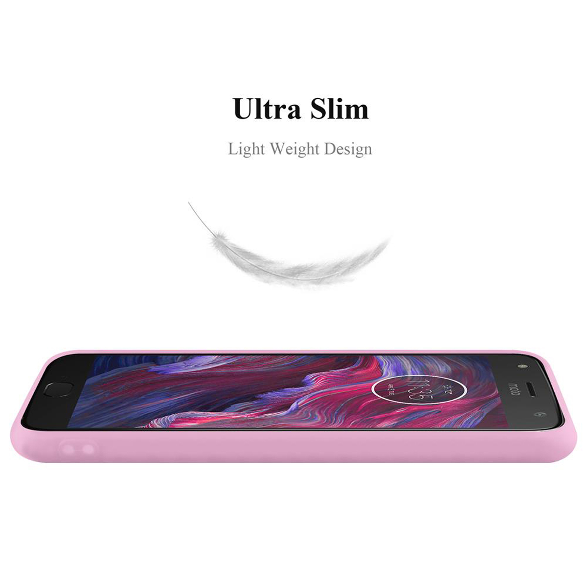 Una custodia per telefono rosa è sdraiata su un lato. Una piuma fluttua sopra. Testo: "Ultra Slim" e "Light Weight Design".
