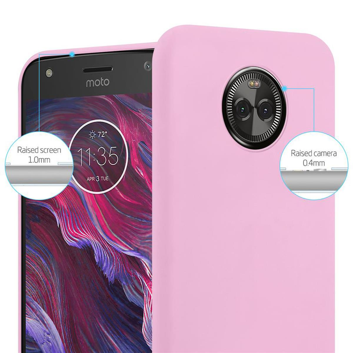 Custodia rosa per telefono con telefono. Dettagli schermo e fotocamera rialzati. Sfondo bianco.