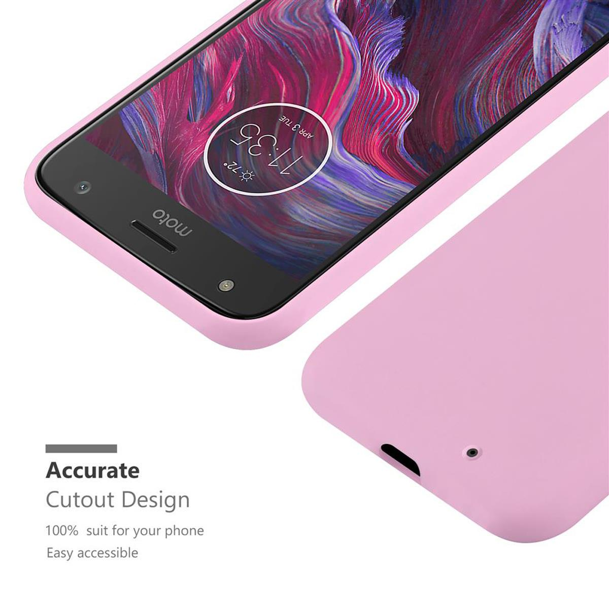 Una custodia rosa per telefono con un telefono all'interno. Il telefono è nero e la custodia è rosa. Lo sfondo è bianco.